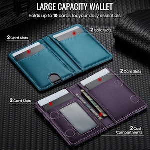 May include: Open wallets in teal and purple, showcasing card slots and cash compartments. The teal wallet has two card slots, while the purple wallet has two card slots and two cash compartments. The wallets are designed to hold up to 10 cards.