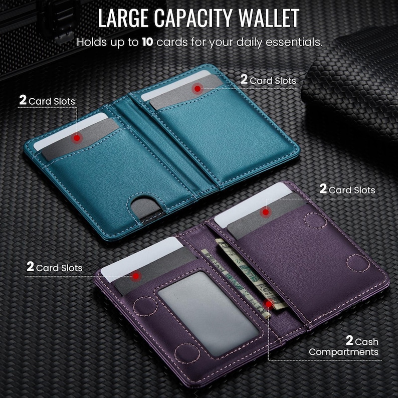 May include: Open wallets in teal and purple, showcasing card slots and cash compartments. The teal wallet has two card slots, while the purple wallet has two card slots and two cash compartments. The wallets are designed to hold up to 10 cards.