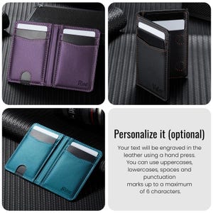 May include: A collage of three leather wallets in purple, black, and teal, each with card slots. The purple wallet is labeled "Rise", the black wallet is labeled "Valor", and the teal wallet is labeled "Shine". The image also includes text that says "Personalize it (optional)".