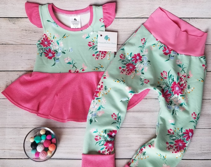 Girls Peplum Top and Harem Joggers - Mint Floral and Pink Clothing Set - 3-4T