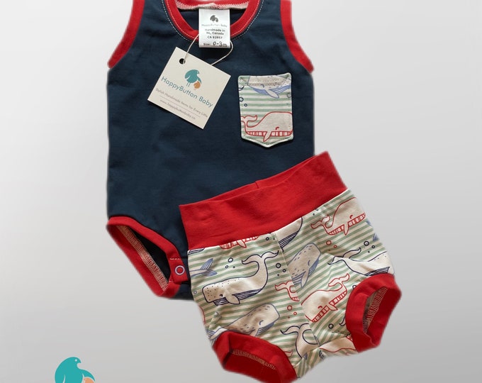 Nautical Baby Outfit, Baby Tanktop and Shorts, Whales, Pocket Bodysuit for Baby, Summer Baby Bummies, Baby One Piece with Pocket, 0-3 Months