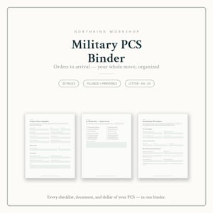 May include: A digital Military PCS Binder organizer featuring the text Northkind Workshop, Military PCS Binder, Orders to arrival, 30 pages, fillable, printable, Letter, A4, A5, and three sample pages showing checklists and worksheets for moving.