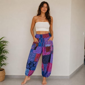 Handmade Cotton Patchwork Pants: Boho Indian Smocked Waist Free Size Trousers