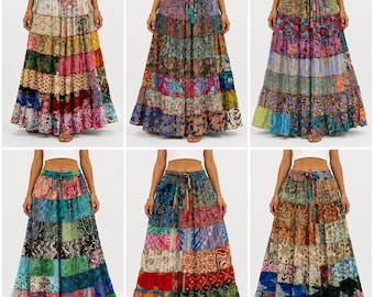 Lot de jupes en soie sari multicolores à plusieurs niveaux et patchwork