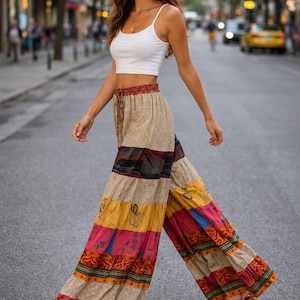 Handgemaakte vintage zijden patchwork broek met wijde pijpen