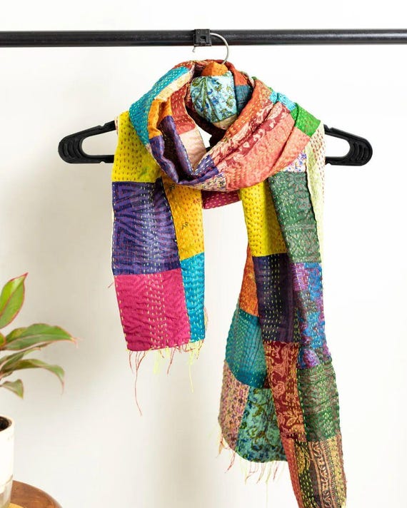 Hand Stitched Vintage Silk Kantha Scarf