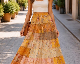 Yellow handmade vintage long sari silk skirt