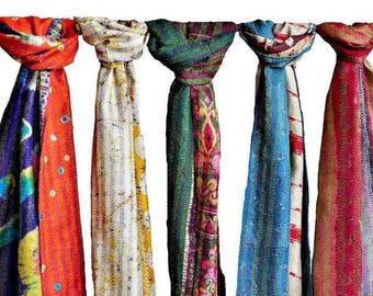 Wholesale Lot Handmade Preloved Silk Kantha Scarves Boho Reversible Indian Vintage Kantha Scarf