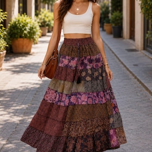 Bruine, handgemaakte, zijden gelaagde patchwork lange rok