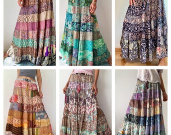 Bulk Lot Patchwork Tiered Colorful Preloved Sari Silk Skirts