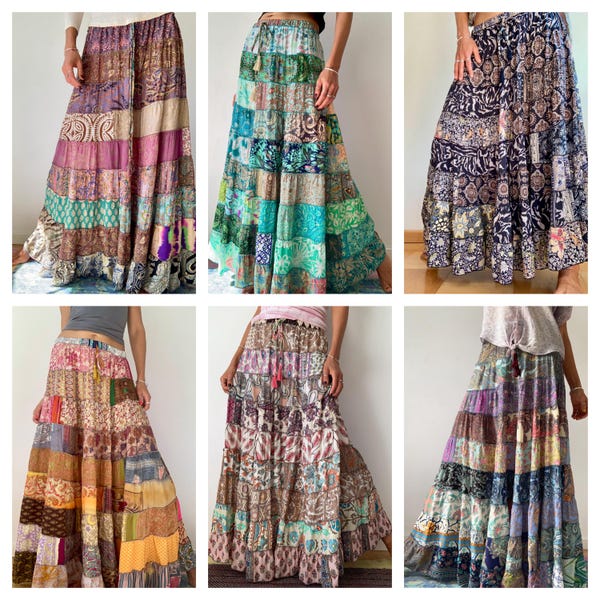 Lot de jupes en soie sari multicolores à plusieurs niveaux et patchwork