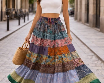 Handmade Vintage Sari Silk Smocked Waist Long Patchwork Skirt