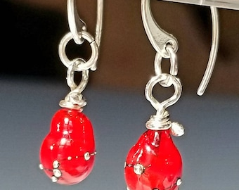 Handmade Sterling silver earrings with handmade glass teardrops