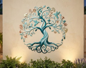 Tree of Life Metal Wall Art, Hummingbird Garden Decor, Turquoise Botanical Wall Sculpture, Nature Lover Gift, Outdoor Wall Decor