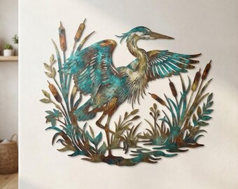 Great Blue Heron Metal Wall Art, Cattail Bird Decor, Wetland Nature Wall Sculpture, Coastal Lake House Decor, Bird Lover Gift