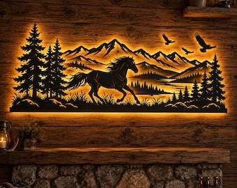 LED Horse Metal Wall Art, Running Horse Mountain Decor, Backlit Western Wall Sign, Rustic Cabin Horse Decor, Equestrian Gift for Horse Lover