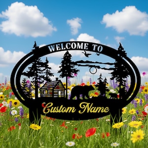 Personalized Cabin Metal Sign, Bear Family Yard Decor, Custom Name Rustic Mountain Welcome Sign