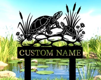 Personalisierte Schildkröte Gartenschild, benutzerdefinierte Teich Yard Pfahl, Outdoor Metall Namen Plaque, Schildkröte Liebhaber Geschenk, Naturteich Dekor