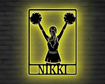 Personalized Cheerleader Metal Wall Art with LED Light, Custom Name Pom Pom Sign, Cheer Squad Room Decor Gift for Girls & Dancers