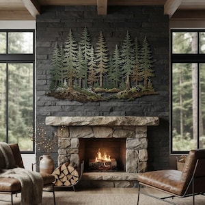 May include: A large metal wall art piece depicting a dense forest of pine trees with visible roots at the base. The artwork features a layered design with varying shades of green and bronze metallic tones, mounted on a dark stone fireplace wall.