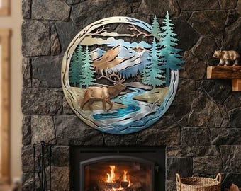 Elk Metal Wall Art, Mountain Wildlife Decor, Rustic Lodge Wall Sculpture, Pine Forest River Art, Cabin Decor Gift for Hunter