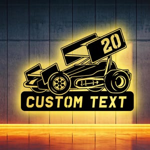 Personalized Sprint Car Metal Sign | Custom Race Car Name Sign with Number | Racing Wall Decor | Gift for Racer | Garage LED Light Sign