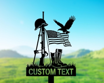 Military Memorial Metal Sign – Custom Soldier Tribute – In Loving Memory Plaque – Patriotic Eagle and Flag Grave Marker – Veteran Gift
