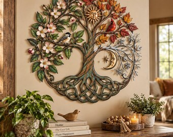 Four Seasons Tree of Life Metal Wall Art, Sun Moon Celestial Decor, Cardinal Chickadee Wall Art, Celtic Tree Nature Lover Gift