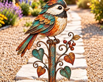 Colorful Chickadee Garden Stake, Metal Bird Yard Art, Rustic Bird Garden Decor, Whimsical Outdoor Sculpture, Bird Lover Gift