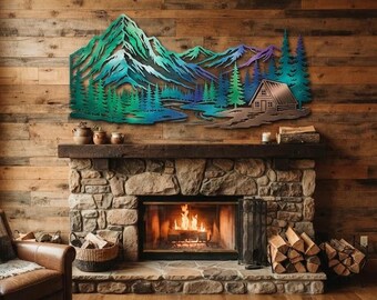 Mountain Cabin Metal Wall Art, Colorful Forest Landscape Decor, Rustic Lodge Wall Sign, Pine Tree Lake Art, Cabin Housewarming Gift