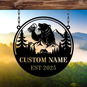 Custom Bear Metal Sign, Mountain Cabin Decor, Personalized Rustic Outdoor Bar Sign, Family Name