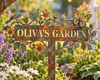 Personalized Garden Sign, Custom Name Garden Stake, Metal Flower Yard Art, Butterfly Bird Garden Decor, Gardener Gift for Mom