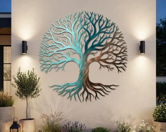 Tree of Life Metal Wall Art, Turquoise Tree Decor, Rustic Outdoor Wall Art, Nature Metal Decor, Garden Wall Sculpture