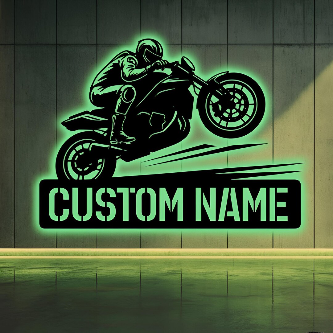 Motocycle Rider Sign Personalized Motocross Metal Wall Art With LED Light, Custom Name ...