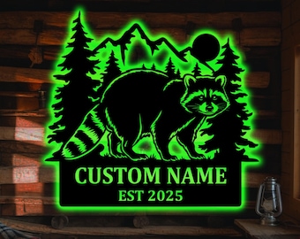 Custom Raccoon LED Metal Sign – Personalized Family Name Cabin Sign, Woodland Animal Wall Art, Rustic Mountain Lodge Décor, Outdoor Gift