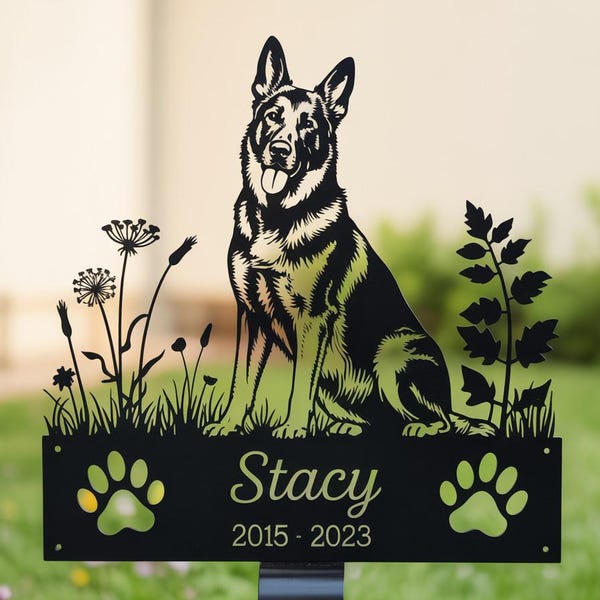 German Shepherd Memorial Grave Marker – Personalized Dog Grave Plaque – Custom Pet Memorial Yard Stake with Name & Years – Outdoor Tribute