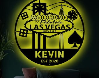 Personalized Las Vegas LED Metal Sign – Custom Casino Night Wall Decor with Dice & Card Suit, Welcome to Vegas Neon-Style Light Up Plaque