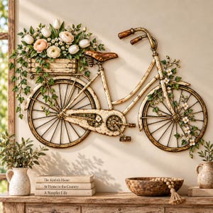 Puede incluir: Una escultura de pared de metal con forma de bicicleta con un acabado desgastado en color crema y dorado. Una caja rectangular se asienta sobre el portaequipajes, llena de flores artificiales blancas y melocotón y hiedra verde sobre el marco.