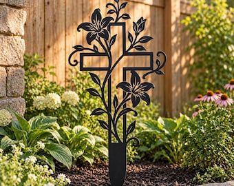 Christian Cross Garden Stake, Lily Flower Metal Yard Art, Religious Memorial Decor, Faith Garden Sign, Sympathy Gift, Christian Outdoor