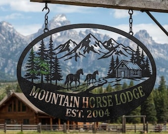 Personalized Horse Lodge Metal Sign, Mountain Cabin Sign, Custom Ranch Wall Decor, Horse Farm Sign, Equestrian Gift, Rustic Cabin Decor