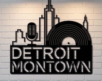 Custom Detroit Motown Metal Wall Art – Skyline Music City Sign with Vinyl Record and Microphone, Detroit Lover Gift, Music Room