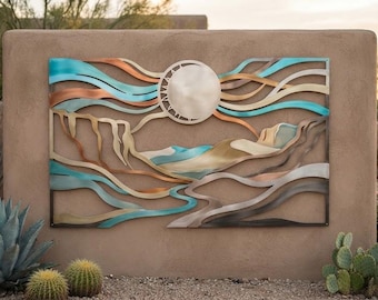 Desert Landscape Metal Wall Art, Southwest Mountain Sun Decor, Abstract Desert Wall Sculpture, Arizona Style Outdoor Garden Decor