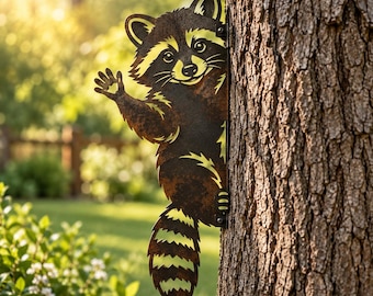 Raccoon Tree Hugger Metal Art, Peeking Raccoon Outdoor Decor, Woodland Animal Tree Sign, Rustic Yard Art, Funny Garden Gift for Nature Lover