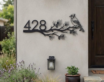 Personalized Blue Jay Metal Address Sign, Custom House Number Sign, Bird Address Plaque, Outdoor Metal Wall Decor, Housewarming Gift