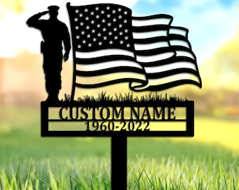 Custom Military Memorial Grave Marker with American Flag – Personalized Veteran Grave Decor, Soldier Tribute, Outdoor Cemetery
