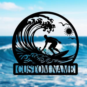 Custom Surfing LED Metal Sign – Personalized Beach House Wall Art, Surfer Silhouette Round Décor, Coastal Summer Name Plate