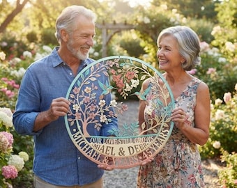 Personalized Anniversary Metal Sign, Custom Couple Garden Wall Art, Hummingbird Floral Decor, Wedding Anniversary Gift for Parents