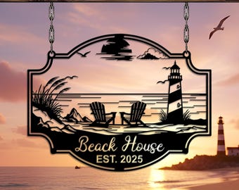 Custom Beach House Metal Sign, Coastal Wall Art, Lighthouse Ocean Decor, Seaside Home Sign