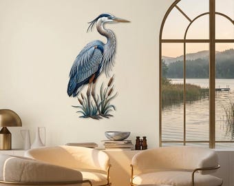 Heron Metal Wall Art, Coastal Bird Wall Decor, Blue Heron Lake House Wall Hanging