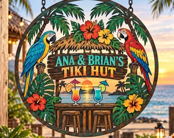 Personalized Tiki Bar Metal Sign, Custom Tropical Bar Sign, Parrot Beach Decor, Tiki Hut Sign, Pool Bar Decor, Hawaiian Housewarming Gift